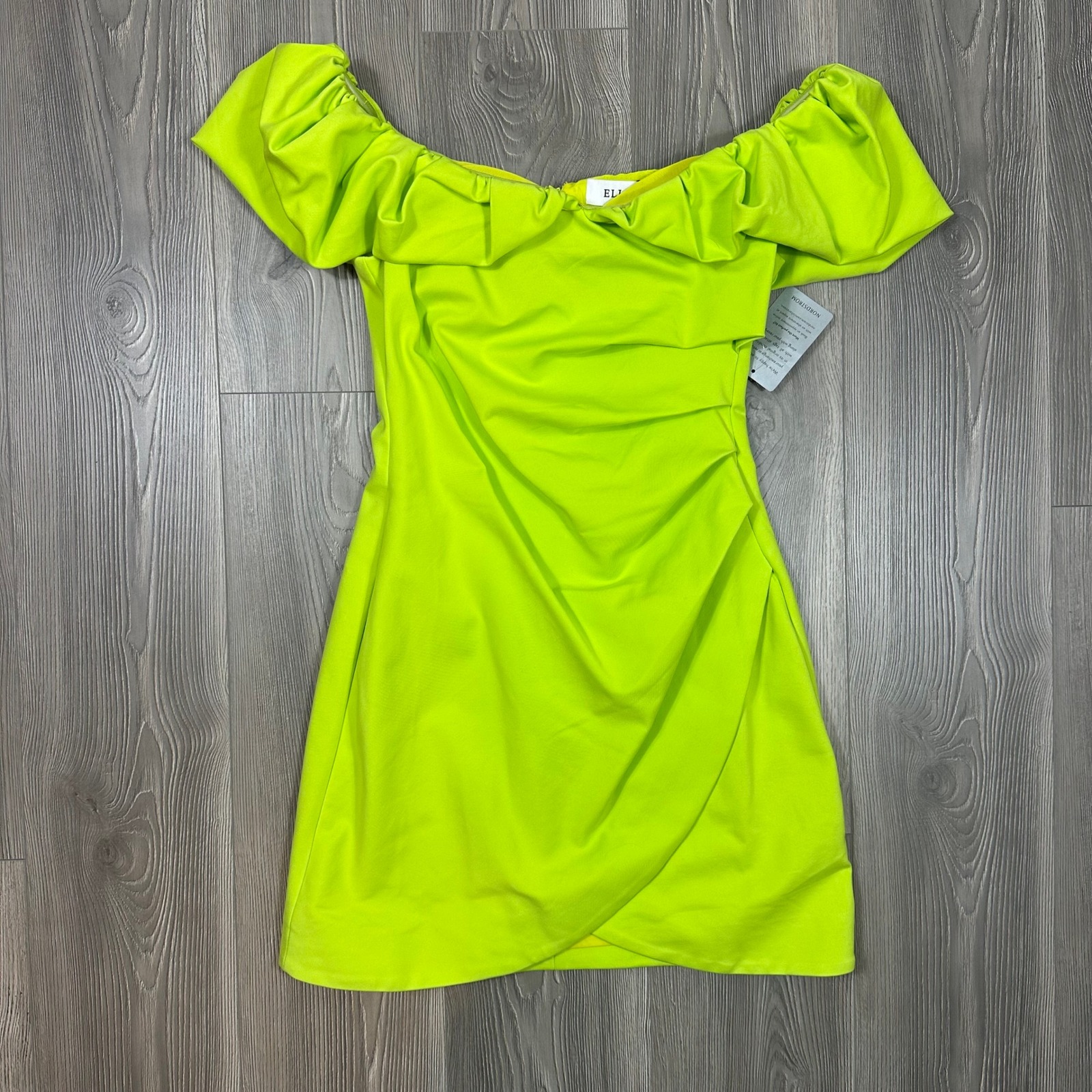 Elliatt Zanzibar Mini Dress Chartreuse Off Shoulder Ruched Puff Sleeve - Size L